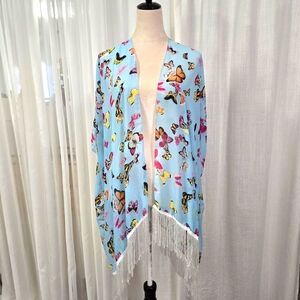 2/$30 Pastel Powder Baby Blue‎ Butterfly Print Kimono Kaftan Coverup Womens OS